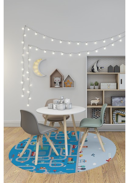 Dijital Kaymaz Yıkanabilir Şehir Trafik Temalı Yuvarlak Çocuk Odası Oyun Halısı, Y-Çocuk-19-Mavi, indirimleri