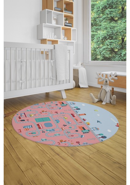 Dijital Kaymaz Yıkanabilir Şehir Trafik Temalı Yuvarlak Çocuk Odası Oyun Halısı, Y-Çocuk-19-Pembe,