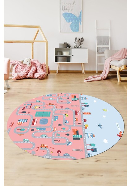 Dijital Kaymaz Yıkanabilir Şehir Trafik Temalı Yuvarlak Çocuk Odası Oyun Halısı, Y-Çocuk-19-Pembe, fiyatları
