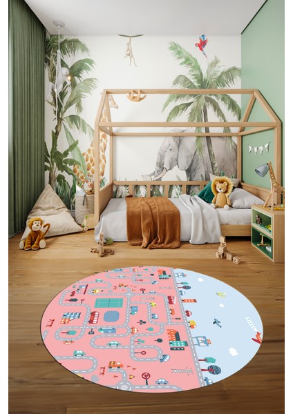 Dijital Kaymaz Yıkanabilir Şehir Trafik Temalı Yuvarlak Çocuk Odası Oyun Halısı, Y-Çocuk-19-Pembe, modelleri