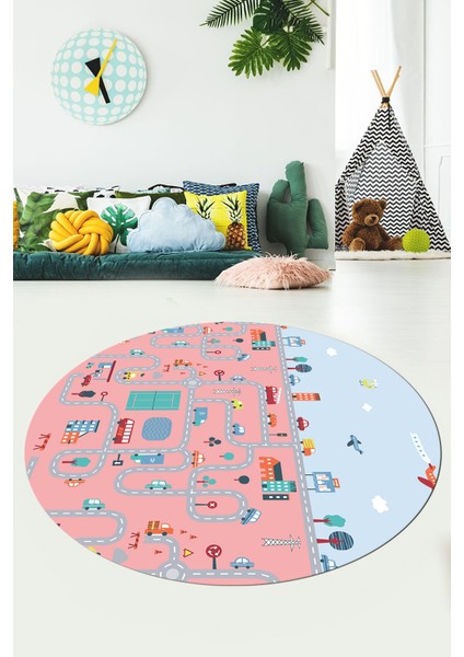 Dijital Kaymaz Yıkanabilir Şehir Trafik Temalı Yuvarlak Çocuk Odası Oyun Halısı, Y-Çocuk-19-Pembe, fırsatları