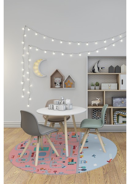 Dijital Kaymaz Yıkanabilir Şehir Trafik Temalı Yuvarlak Çocuk Odası Oyun Halısı, Y-Çocuk-19-Pembe, indirimleri