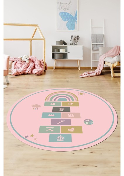 Dijital Kaymaz Yıkanabilir Sek Sek Eğitici Yuvarlak Çocuk Odası Oyun Halısı, Y-Çocuk-31-Pembe,