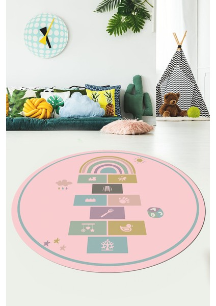 Dijital Kaymaz Yıkanabilir Sek Sek Eğitici Yuvarlak Çocuk Odası Oyun Halısı, Y-Çocuk-31-Pembe,