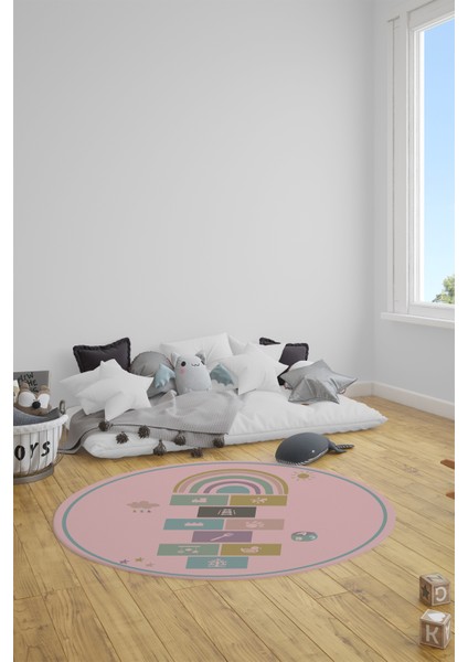 Dijital Kaymaz Yıkanabilir Sek Sek Eğitici Yuvarlak Çocuk Odası Oyun Halısı, Y-Çocuk-31-Pembe,