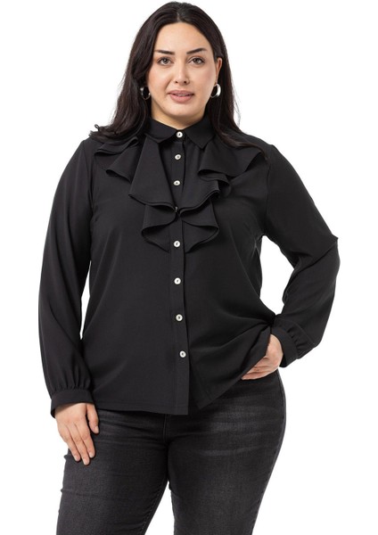 Büyük Beden Yakası Çift Volanlı Siyah Gömlek