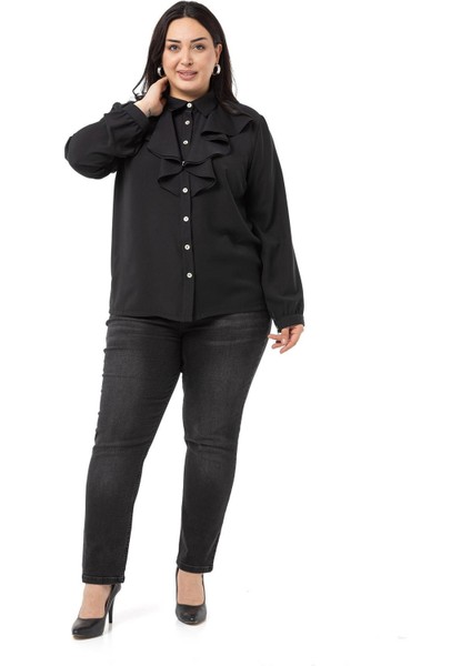 Büyük Beden Yakası Çift Volanlı Siyah Gömlek fiyatları