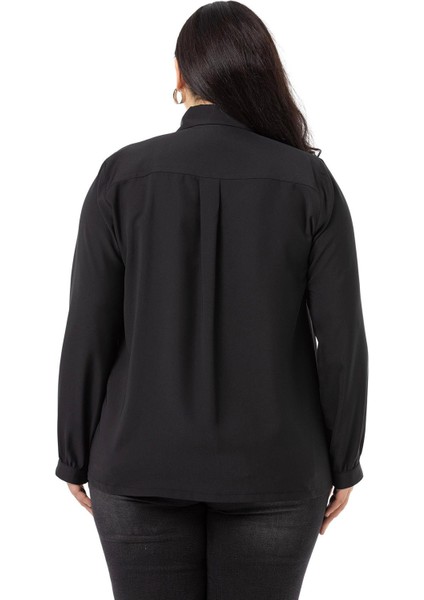 Büyük Beden Yakası Çift Volanlı Siyah Gömlek modelleri