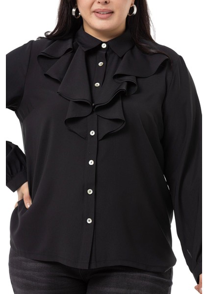 Büyük Beden Yakası Çift Volanlı Siyah Gömlek fırsatları