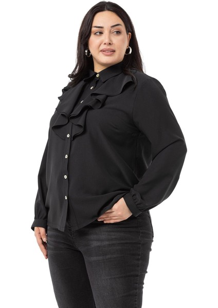 Büyük Beden Yakası Çift Volanlı Siyah Gömlek indirimleri