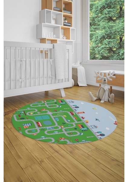 Dijital Kaymaz Yıkanabilir Şehir Trafik Temalı Yuvarlak Çocuk Odası Oyun Halısı, Y-Çocuk-19-Yeşil,
