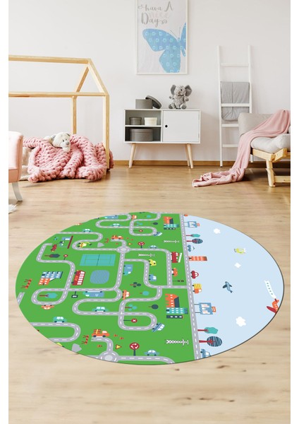 Dijital Kaymaz Yıkanabilir Şehir Trafik Temalı Yuvarlak Çocuk Odası Oyun Halısı, Y-Çocuk-19-Yeşil, fiyatları