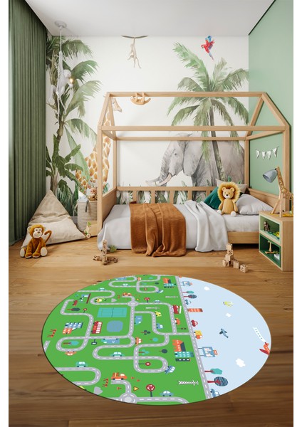 Dijital Kaymaz Yıkanabilir Şehir Trafik Temalı Yuvarlak Çocuk Odası Oyun Halısı, Y-Çocuk-19-Yeşil, modelleri