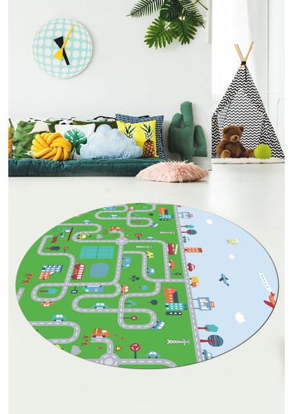 Dijital Kaymaz Yıkanabilir Şehir Trafik Temalı Yuvarlak Çocuk Odası Oyun Halısı, Y-Çocuk-19-Yeşil, fırsatları