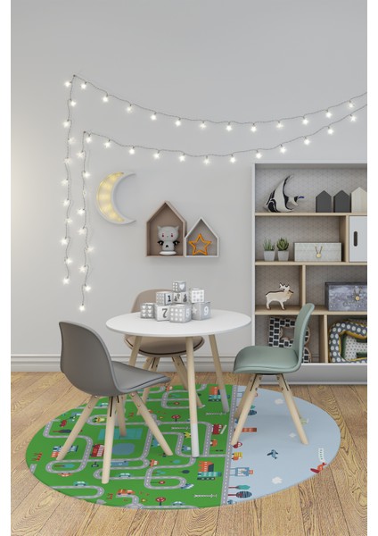 Dijital Kaymaz Yıkanabilir Şehir Trafik Temalı Yuvarlak Çocuk Odası Oyun Halısı, Y-Çocuk-19-Yeşil, indirimleri