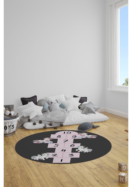 Unicornlu Seksek Desen Yıkanabilir Eğlenceli Yuvarlak Çocuk Odası Oyun Halısı, Y-Çocuk-37-Antrasit,