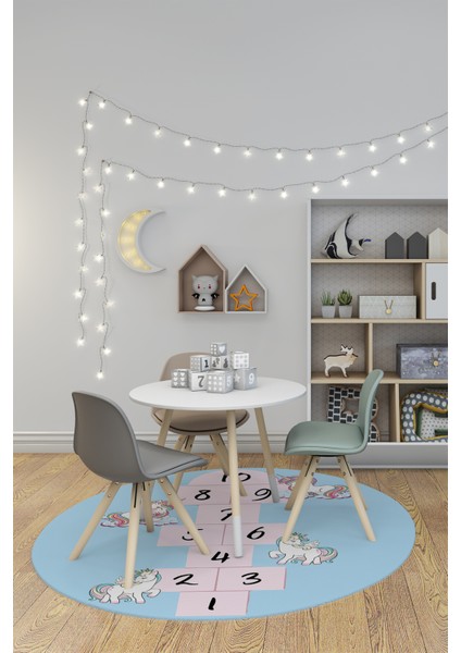 Unicornlu Seksek Desen Yıkanabilir Eğlenceli Yuvarlak Çocuk Odası Oyun Halısı, Y-Çocuk-37-Mavi, modelleri