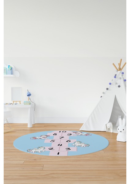 Unicornlu Seksek Desen Yıkanabilir Eğlenceli Yuvarlak Çocuk Odası Oyun Halısı, Y-Çocuk-37-Mavi, indirimleri