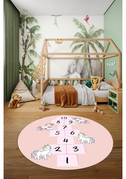 Unicornlu Seksek Desen Yıkanabilir Eğlenceli Yuvarlak Çocuk Odası Oyun Halısı, Y-Çocuk-37-Pembe,