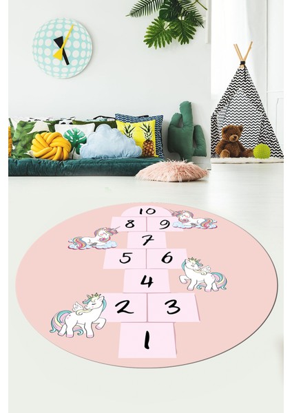 Unicornlu Seksek Desen Yıkanabilir Eğlenceli Yuvarlak Çocuk Odası Oyun Halısı, Y-Çocuk-37-Pembe, fiyatları