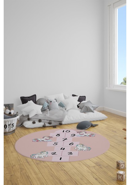 Unicornlu Seksek Desen Yıkanabilir Eğlenceli Yuvarlak Çocuk Odası Oyun Halısı, Y-Çocuk-37-Pembe, fırsatları