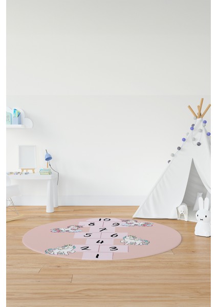 Unicornlu Seksek Desen Yıkanabilir Eğlenceli Yuvarlak Çocuk Odası Oyun Halısı, Y-Çocuk-37-Pembe, indirimleri