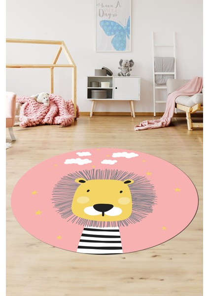 Dijital Baskılı Kaymaz Yıkanabilir Zürafa Desenli Yuvarlak Çocuk Odası Halısı, Y-Çocuk-25-Pembe,