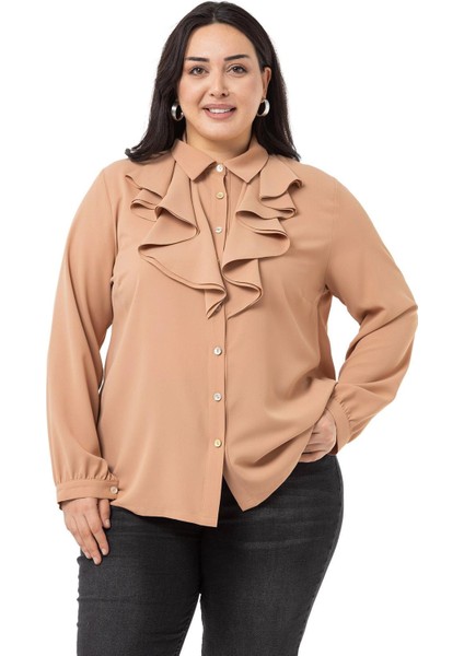 Büyük Beden Yakası Çift Volanlı Vizon Gömlek