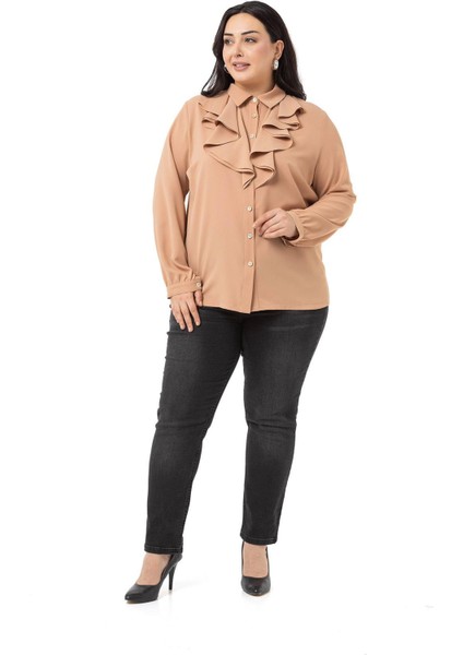 Büyük Beden Yakası Çift Volanlı Vizon Gömlek fiyatları