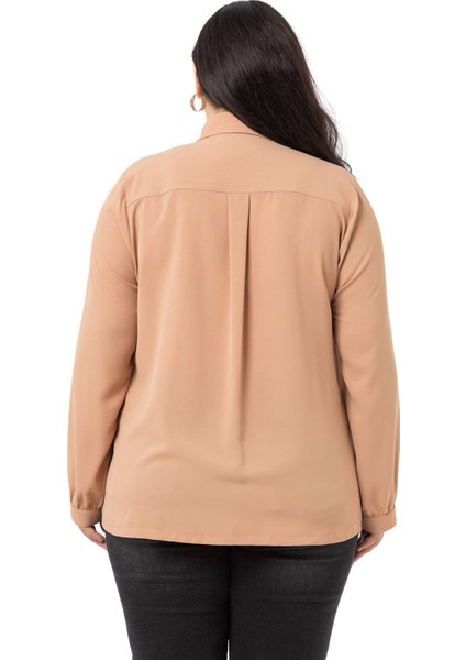 Büyük Beden Yakası Çift Volanlı Vizon Gömlek modelleri