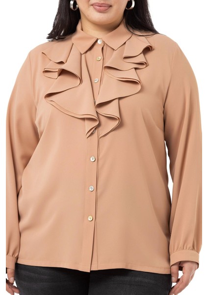 Büyük Beden Yakası Çift Volanlı Vizon Gömlek fırsatları