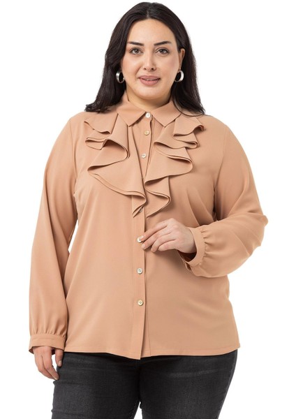 Büyük Beden Yakası Çift Volanlı Vizon Gömlek indirimleri