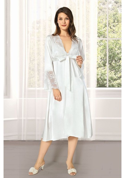 Kadın Ekru Saten Çeyiz Seti 6 Parça Dantelli Sabahlık Gecelik Pijama Şortlu Takım fiyatları