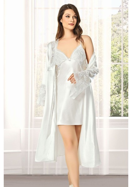 Kadın Ekru Saten Çeyiz Seti 6 Parça Dantelli Sabahlık Gecelik Pijama Şortlu Takım modelleri