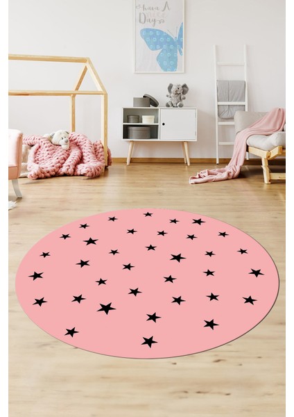 Dijital Kaymaz Yıkanabilir Yıldız Desen Yuvarlak Çocuk Odası Oyun Halısı, Y-Çocuk-32-Pembe,