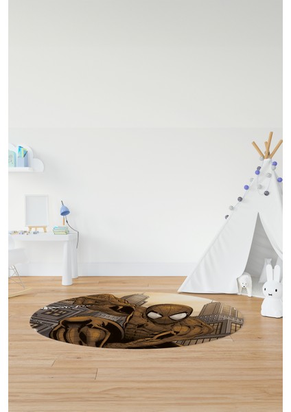 Dijital Kaymaz Yıkanabilir Çizgifilm Temalı Erkek Yuvarlak Çocuk Odası Halısı, Y-Çocuk-40-Kahve, indirimleri