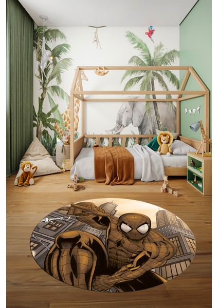 Dijital Kaymaz Yıkanabilir Çizgifilm Temalı Erkek Yuvarlak Çocuk Odası Halısı, Y-Çocuk-40-Kahve,