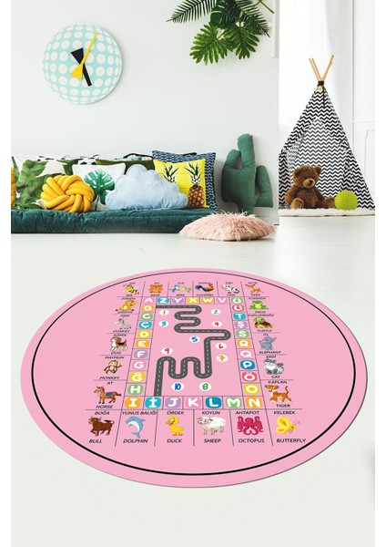 Ingilizce Harf Ve Hayvan Temalı Eğitici Yuvarlak Çocuk Odası Oyun Halısı, Y-Çocuk-44-Pembe,