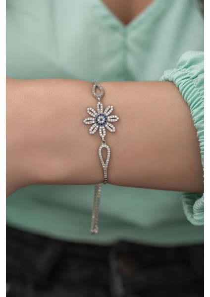 925 Ayar Gümüş Asansörlü Kelepçe Nazar Çiçek Bileklik fiyatları