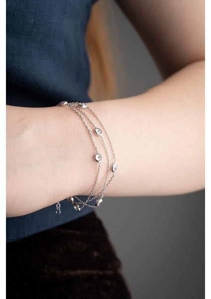 925 Ayar Gümüş Rodyum Kaplama 3 Sıra Zirkon Taşlı Bileklik fiyatları