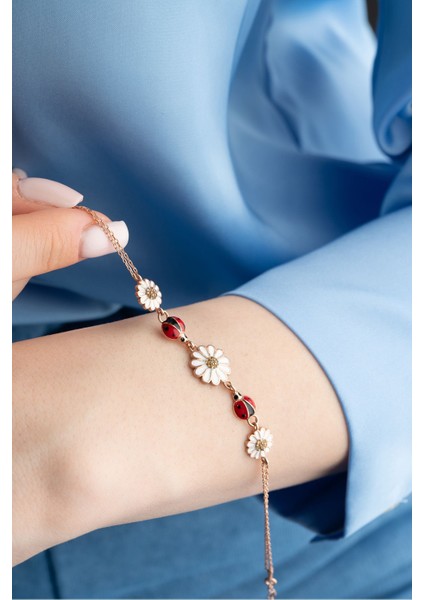 925 Ayar Gümüş Rose Kaplama Simli 3'lü Papatya Bileklik