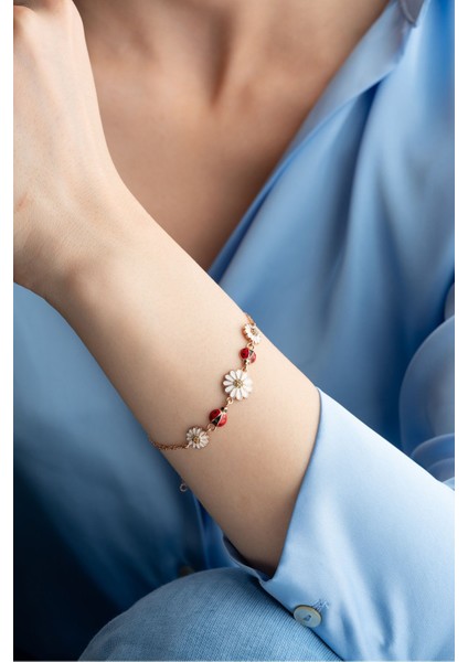 925 Ayar Gümüş Rose Kaplama Simli 3'lü Papatya Bileklik fiyatları