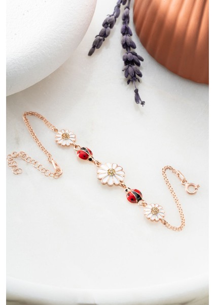 925 Ayar Gümüş Rose Kaplama Simli 3'lü Papatya Bileklik modelleri