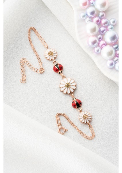 925 Ayar Gümüş Rose Kaplama Simli 3'lü Papatya Bileklik indirimleri