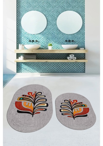 Dijital Baskılı Yıkanabilir Renkli Yaprak Desen Ikili Banyo Halısı Oval, Klozet-27-Gri,