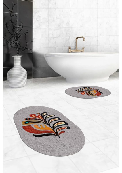 Dijital Baskılı Yıkanabilir Renkli Yaprak Desen Ikili Banyo Halısı Oval, Klozet-27-Gri,