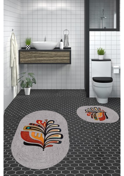 Dijital Baskılı Yıkanabilir Renkli Yaprak Desen Ikili Banyo Halısı Oval, Klozet-27-Gri,
