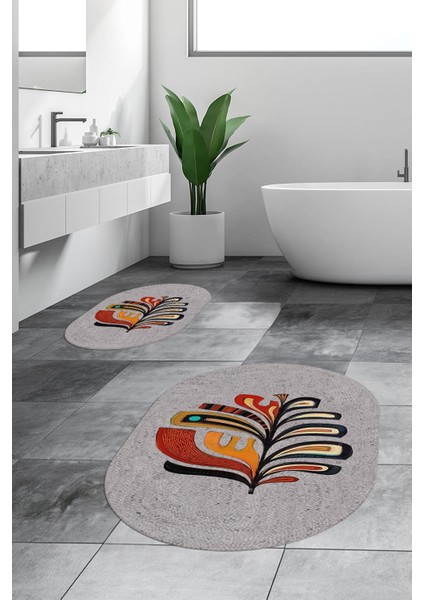 Dijital Baskılı Yıkanabilir Renkli Yaprak Desen Ikili Banyo Halısı Oval, Klozet-27-Gri,