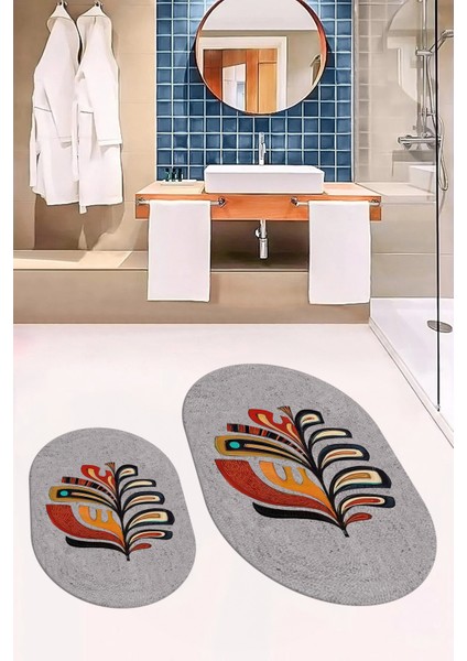 Dijital Baskılı Yıkanabilir Renkli Yaprak Desen Ikili Banyo Halısı Oval, Klozet-27-Gri,