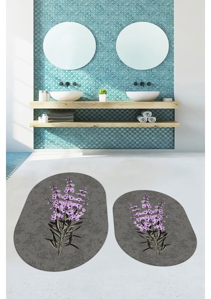 Dijital Baskılı Yıkanabilir Modern Çiçekli Ikili Banyo Halısı Paspas Oval, Klozet-29-Gri,